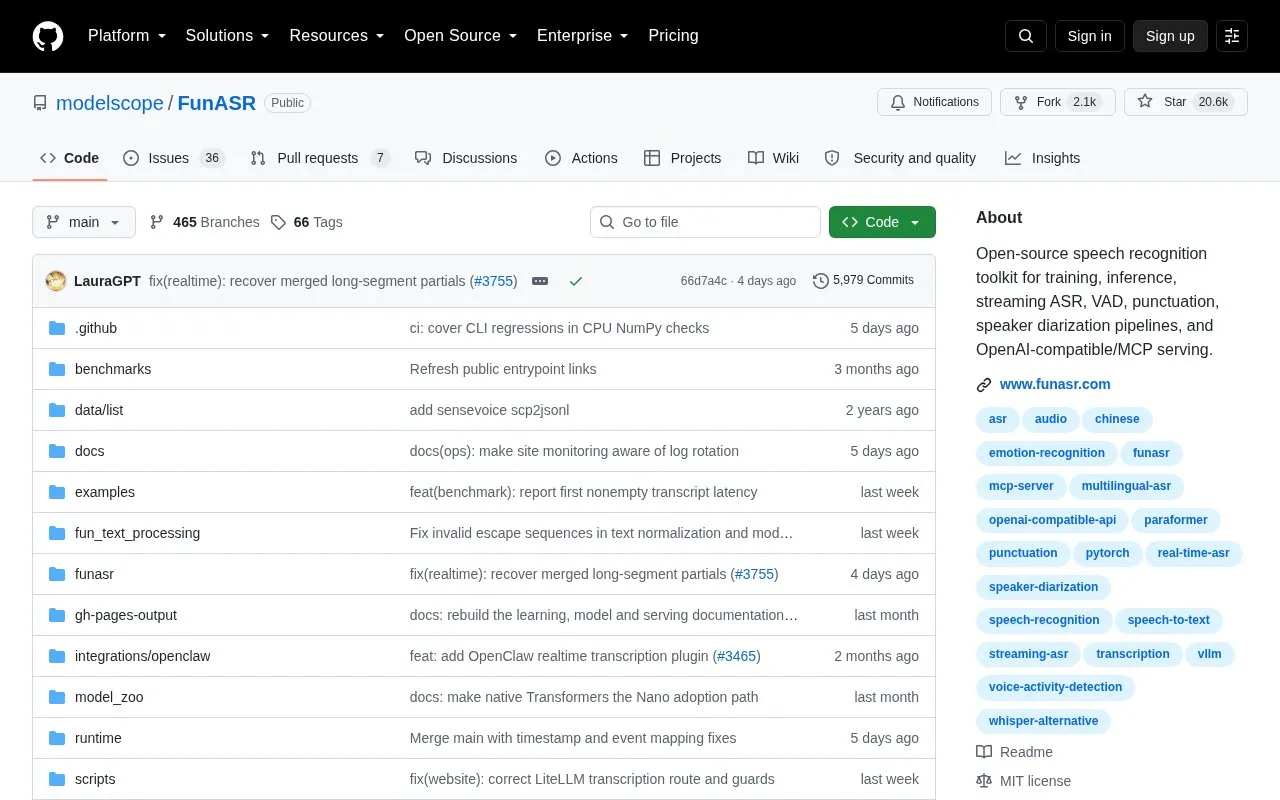 FunASR homepage screenshot