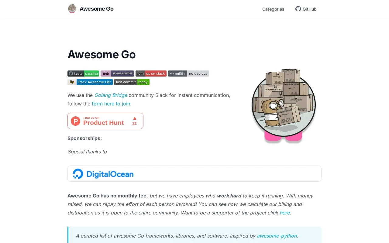 Awesome Go homepage screenshot