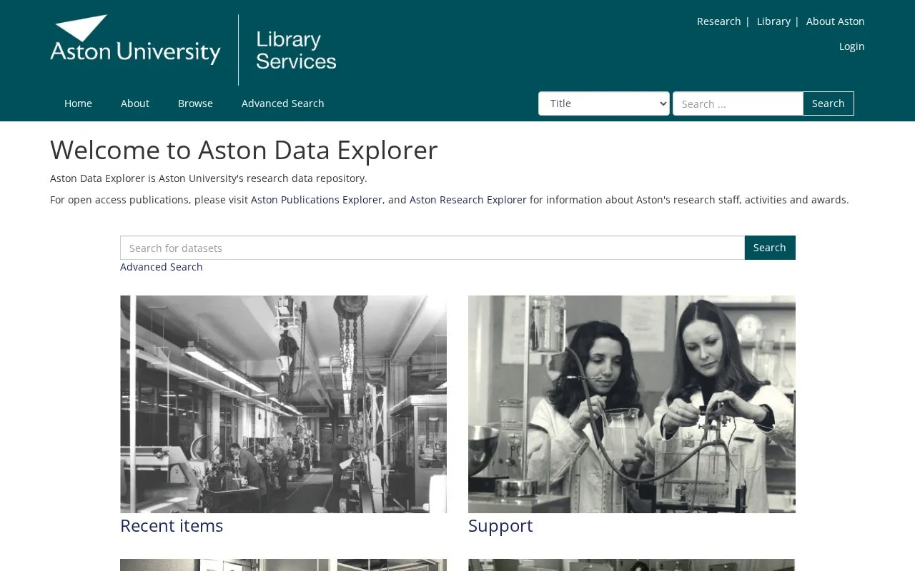 Aston Data Explorer homepage screenshot