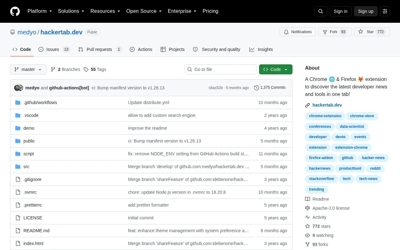 Hackertab.dev homepage screenshot