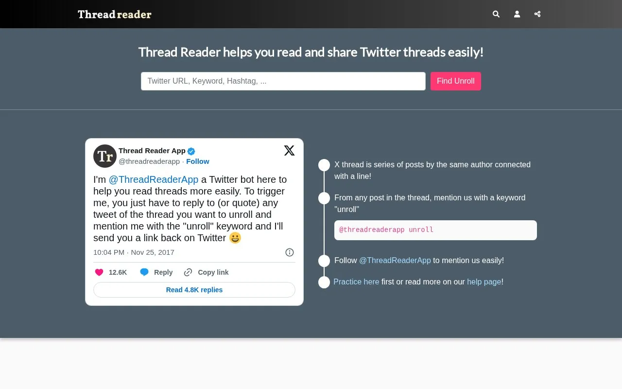 Thread Reader App homepage screenshot