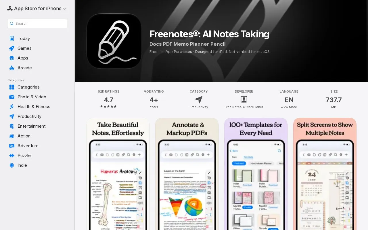 FreeNotes homepage screenshot