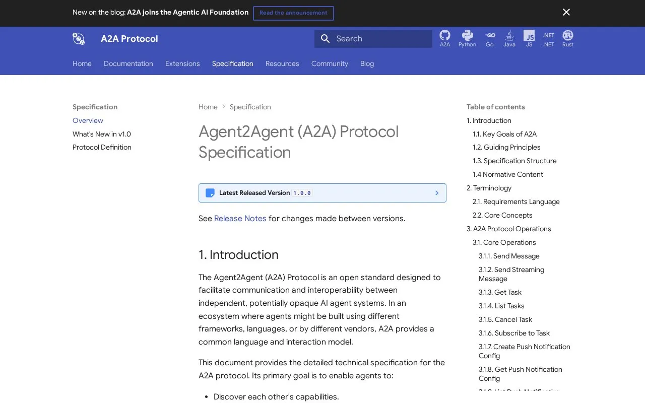 Agent2Agent Protocol homepage screenshot