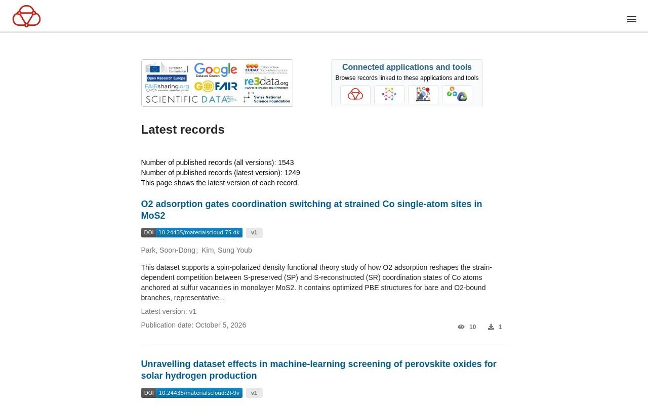 Materials Cloud Archive homepage screenshot