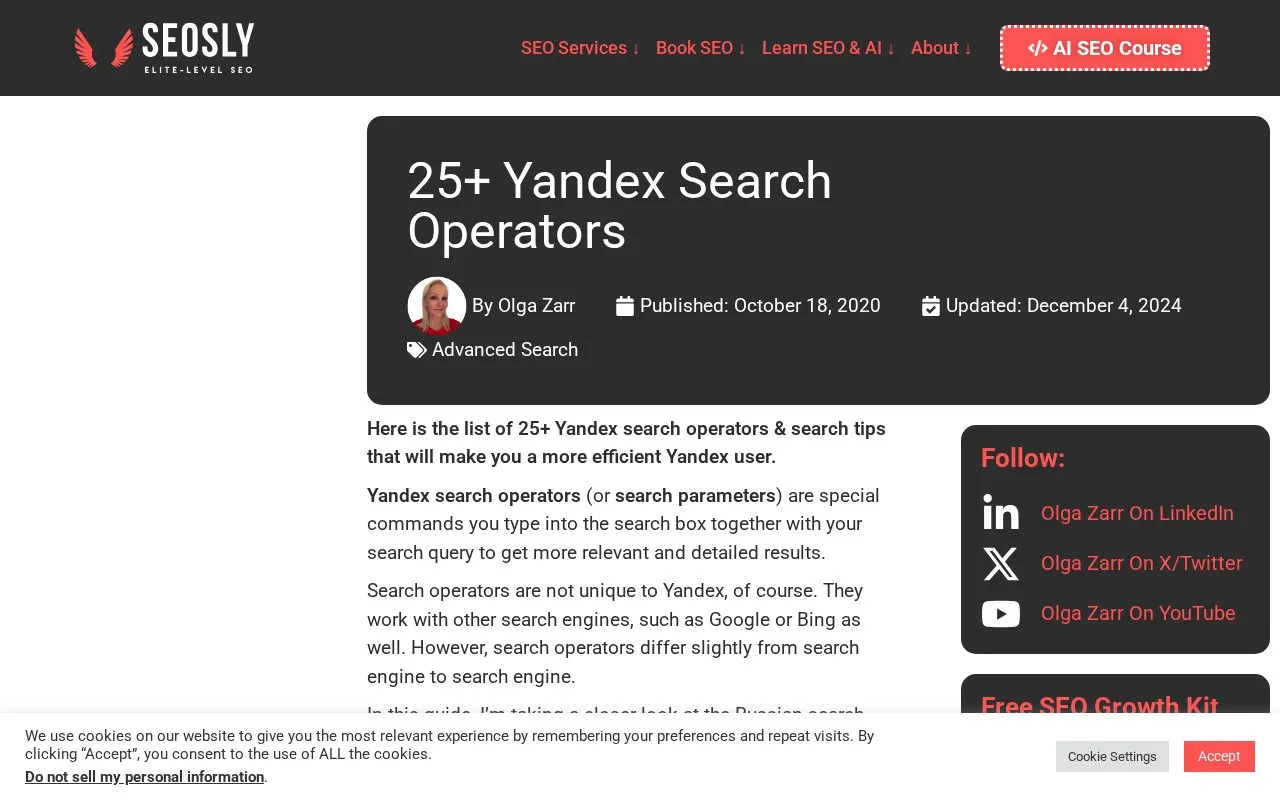 Yandex Search Operators homepage screenshot
