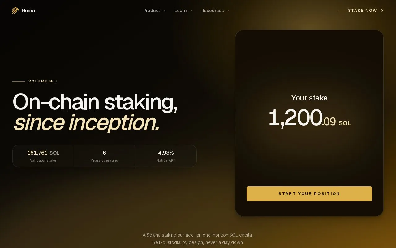 Hubra Staked SOL homepage screenshot