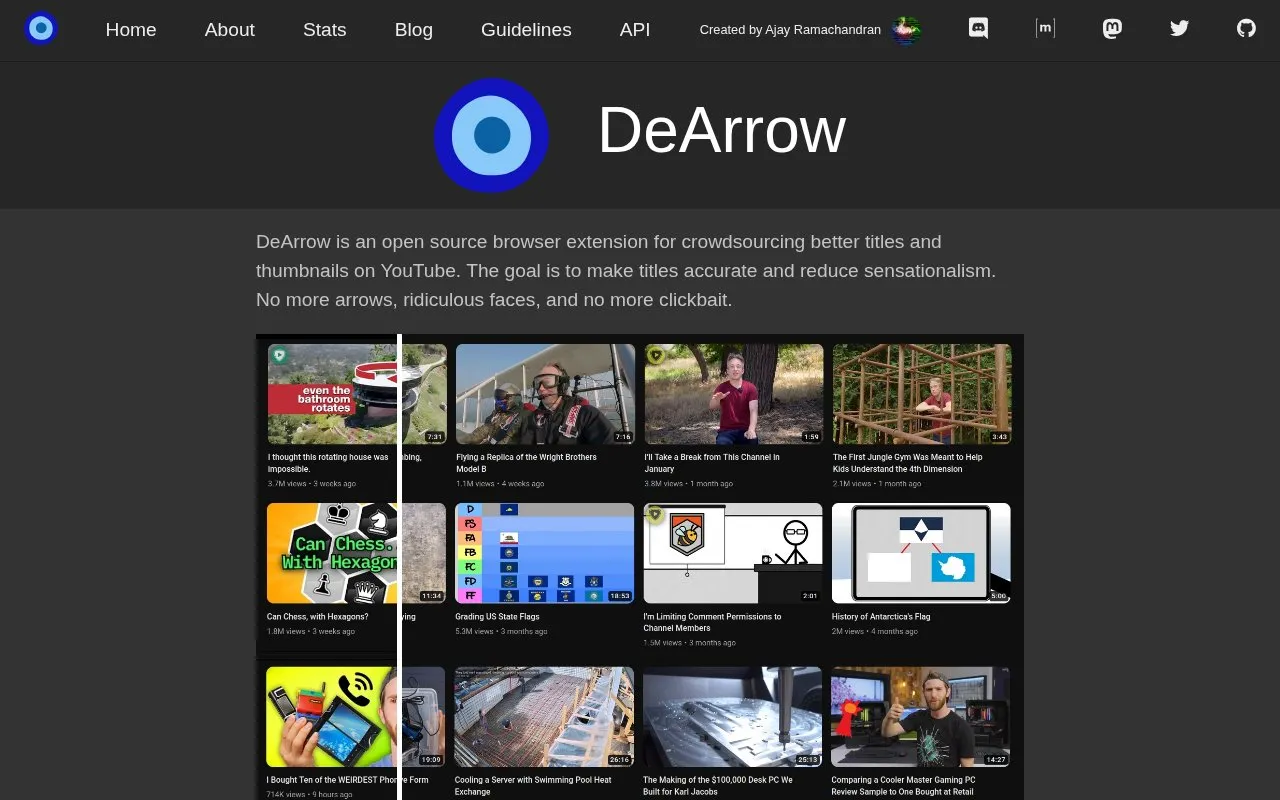 DeArrow homepage screenshot