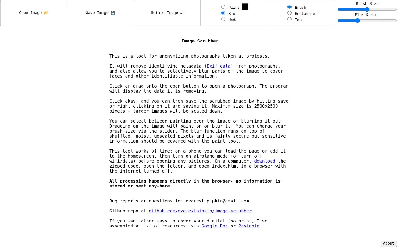 Image Scrubber homepage screenshot