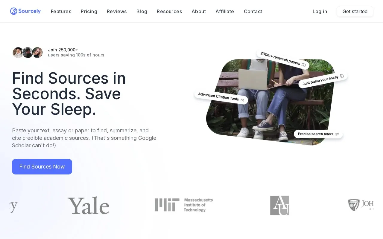 Sourcely homepage screenshot