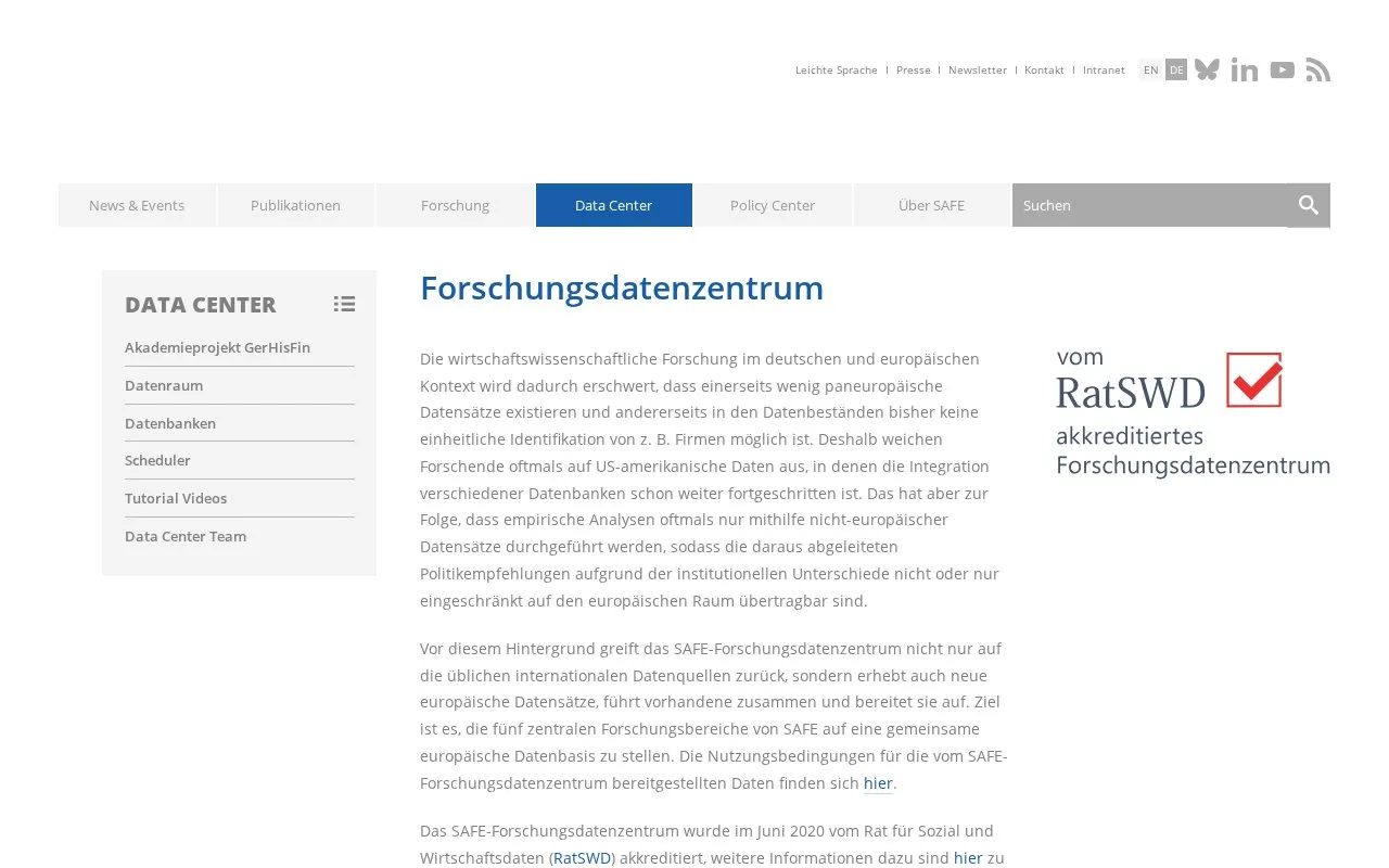 Data Center - SAFE homepage screenshot