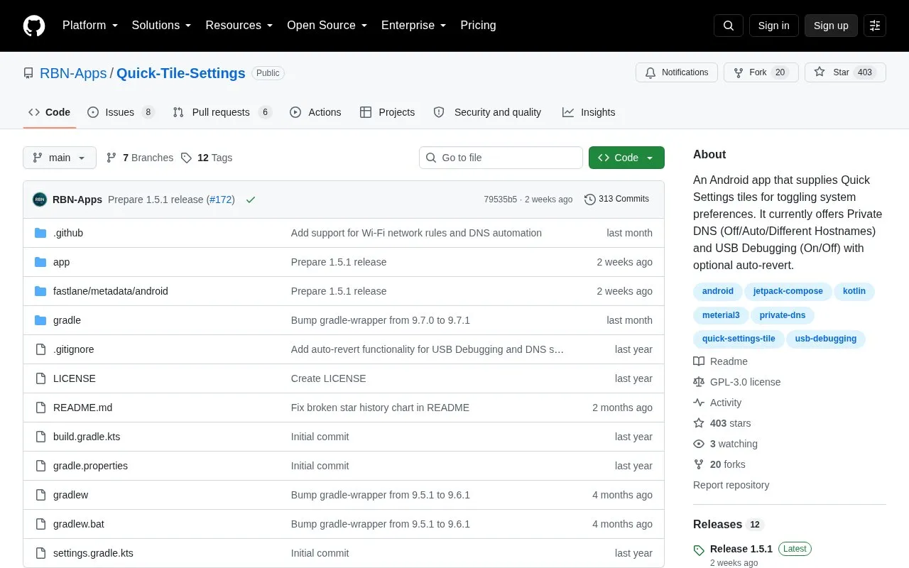 Quick-Tile-Settings homepage screenshot