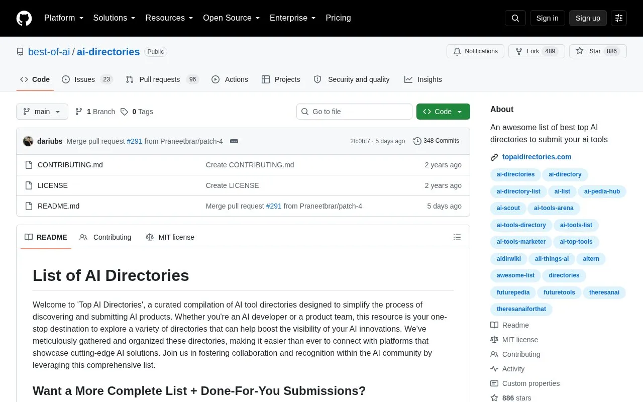 Top AI Directories homepage screenshot