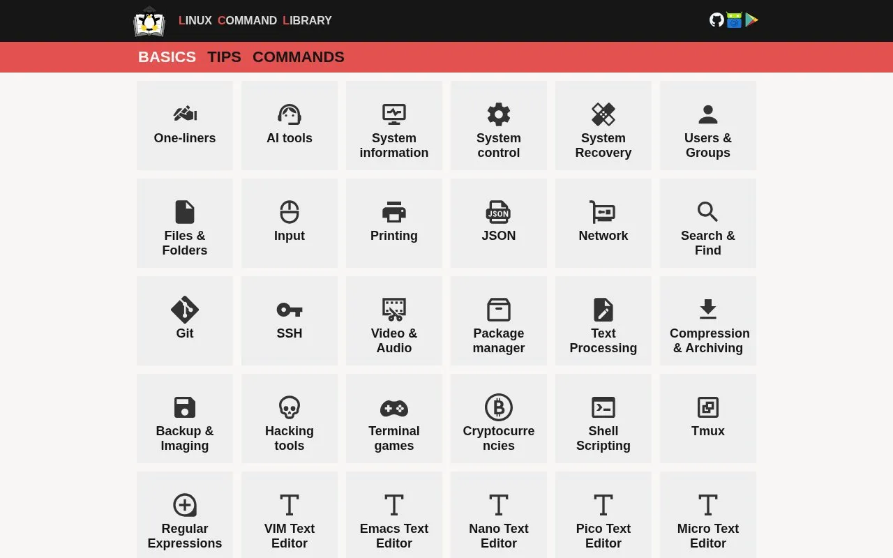 Linux Command Library homepage screenshot
