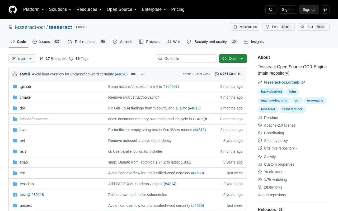 tesseract homepage screenshot