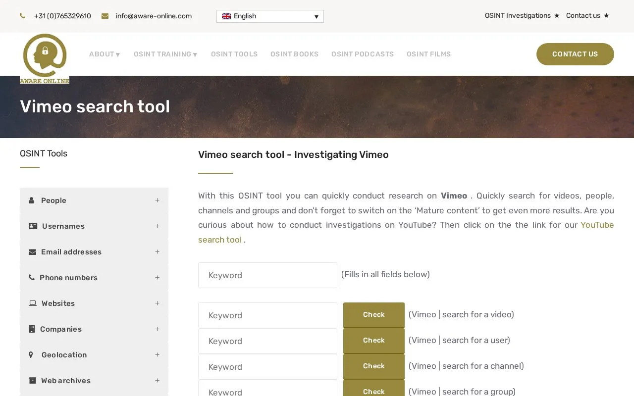 Vimeo search tool homepage screenshot