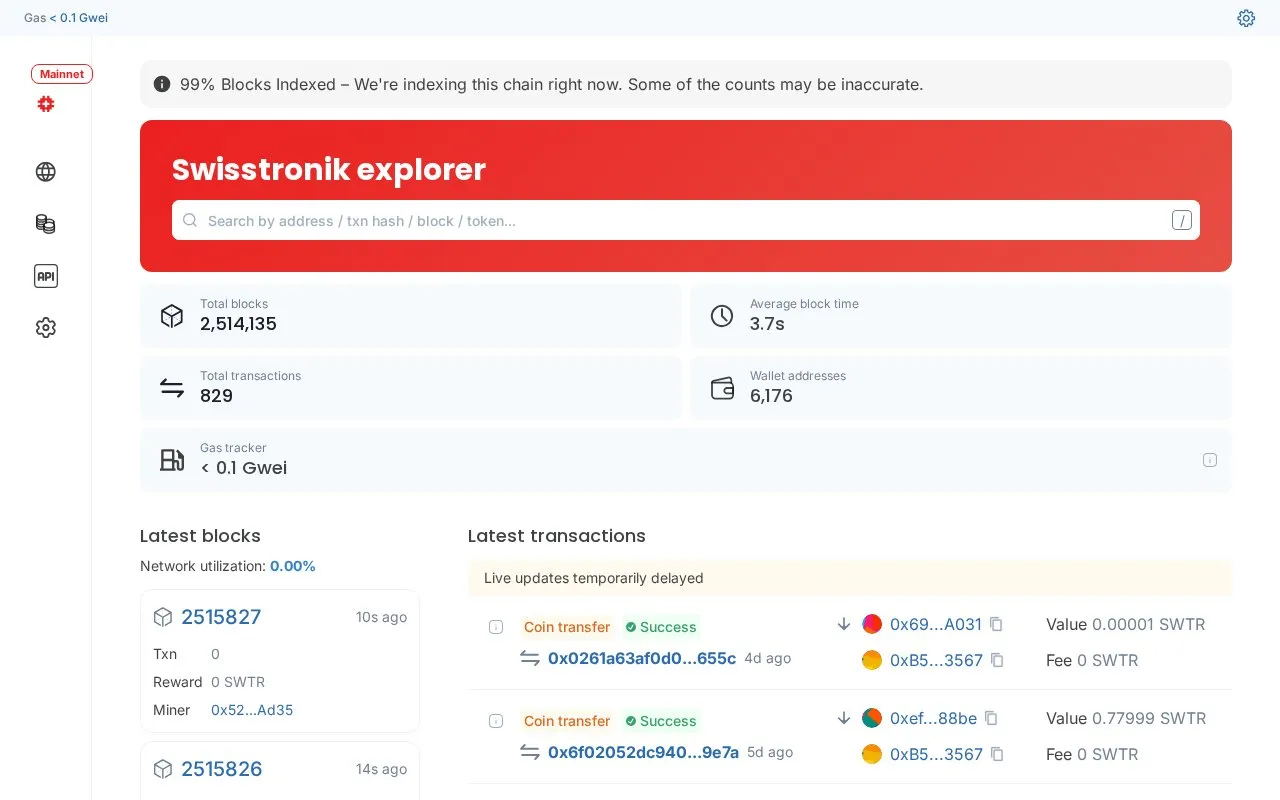 Swisstronik Mainnet — Swisstronik EVM Explorer homepage screenshot
