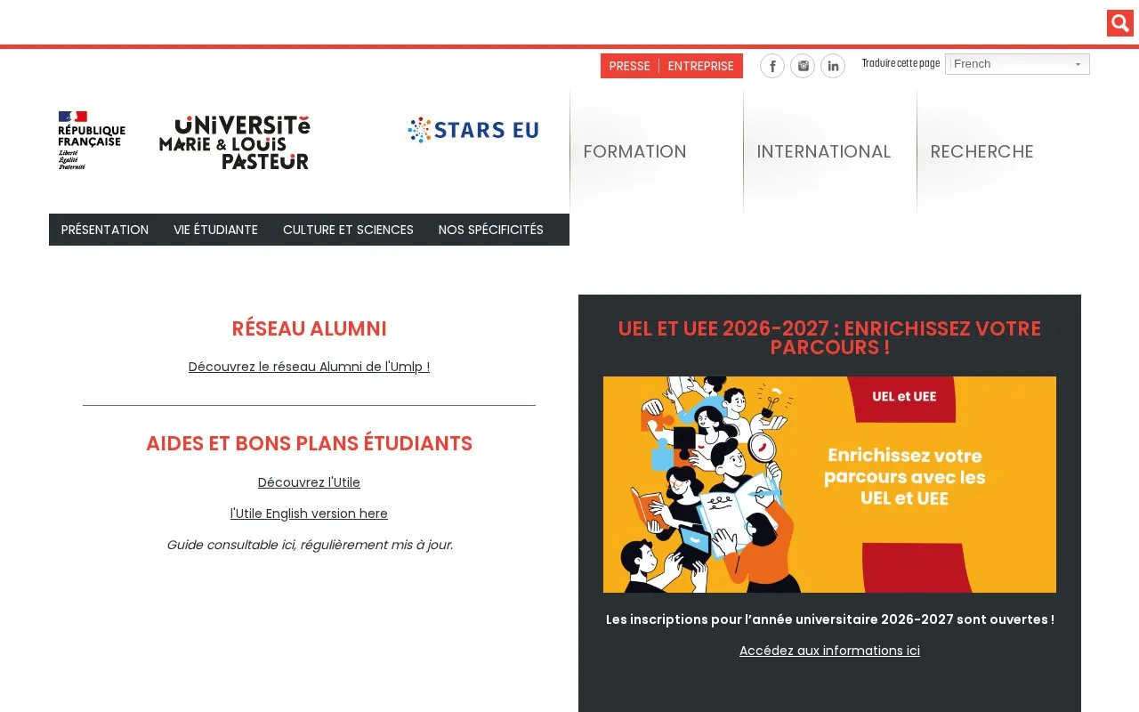 Universite Marie-et-Louis-Pasteur homepage screenshot