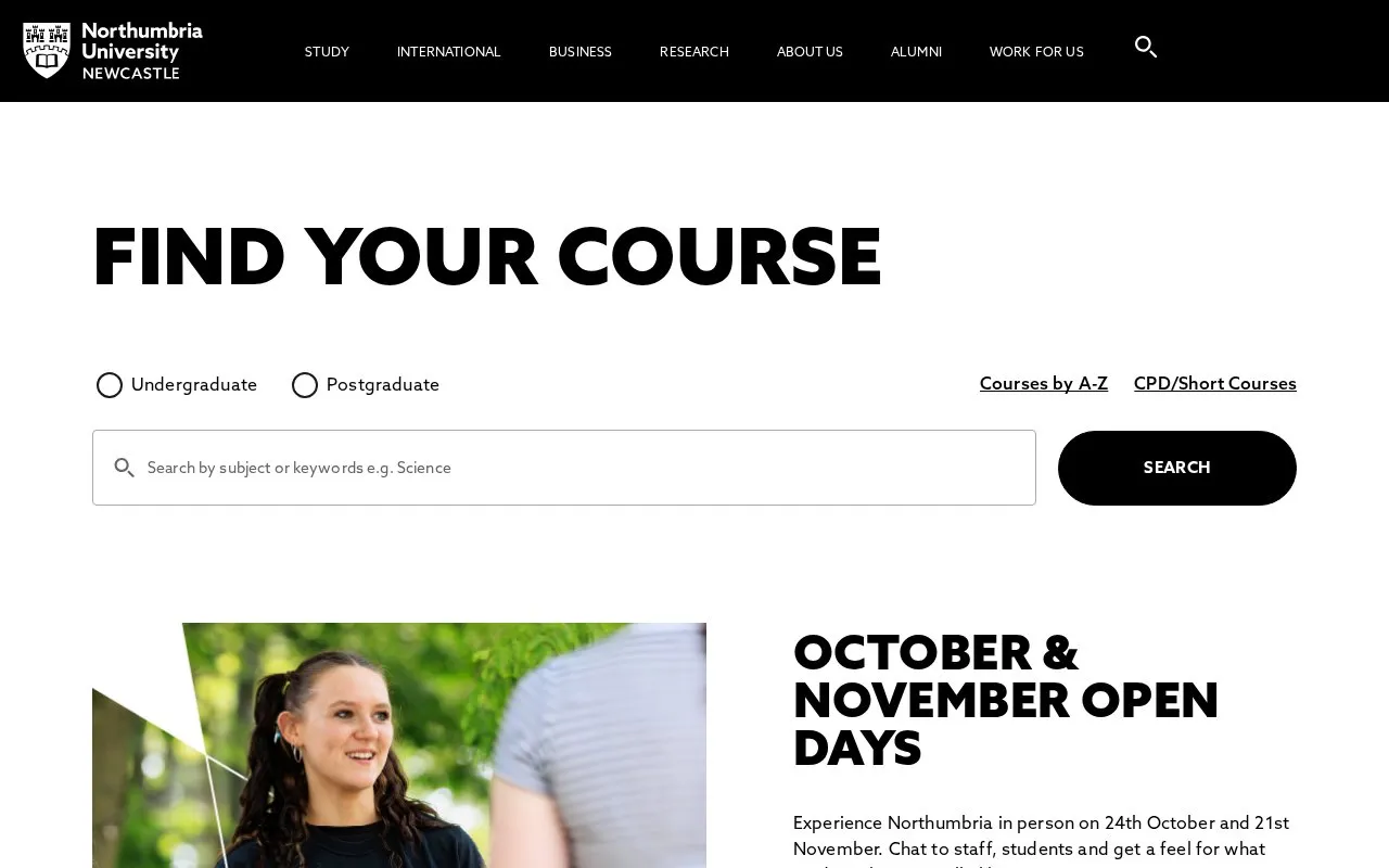 Northumbria University homepage screenshot