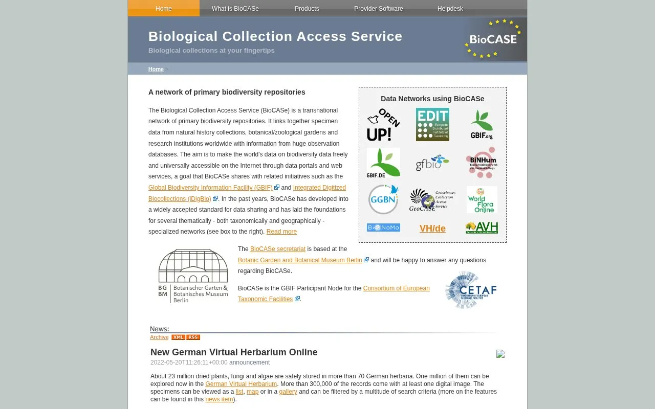 Biological Collection Access Service for Europe homepage screenshot
