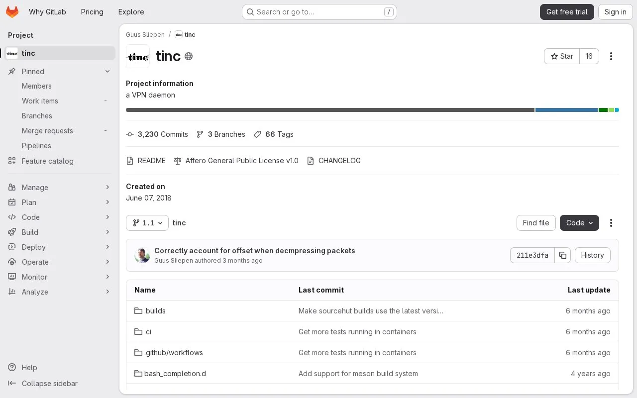Tinc homepage screenshot