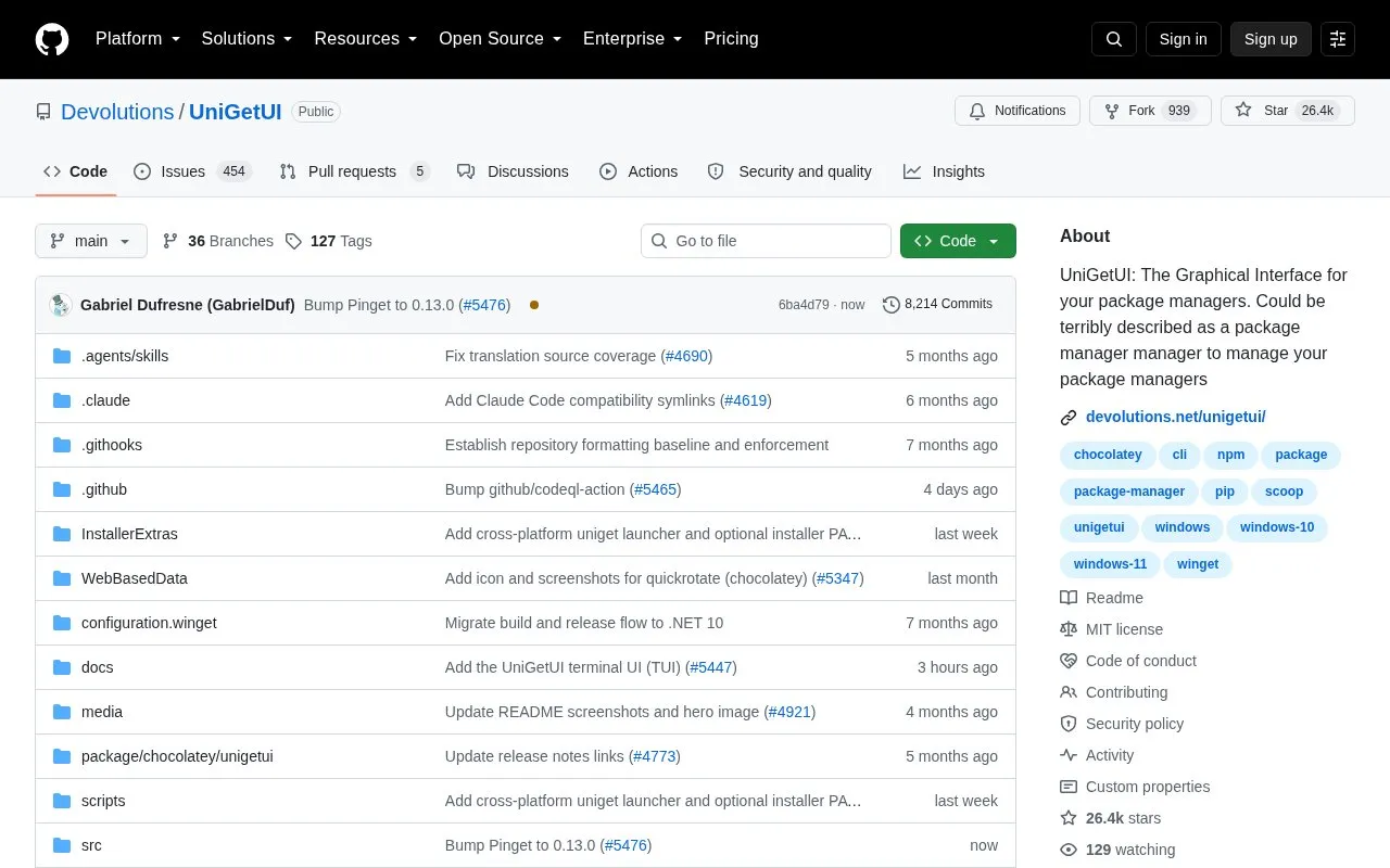 Uni Get UI homepage screenshot