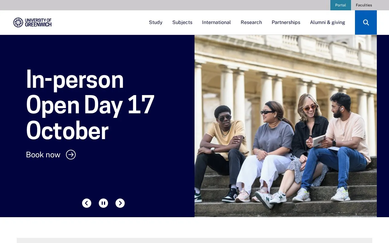 University of Greenwich homepage screenshot