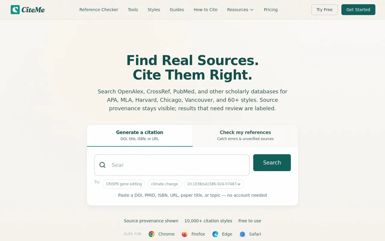 CiteMe homepage screenshot