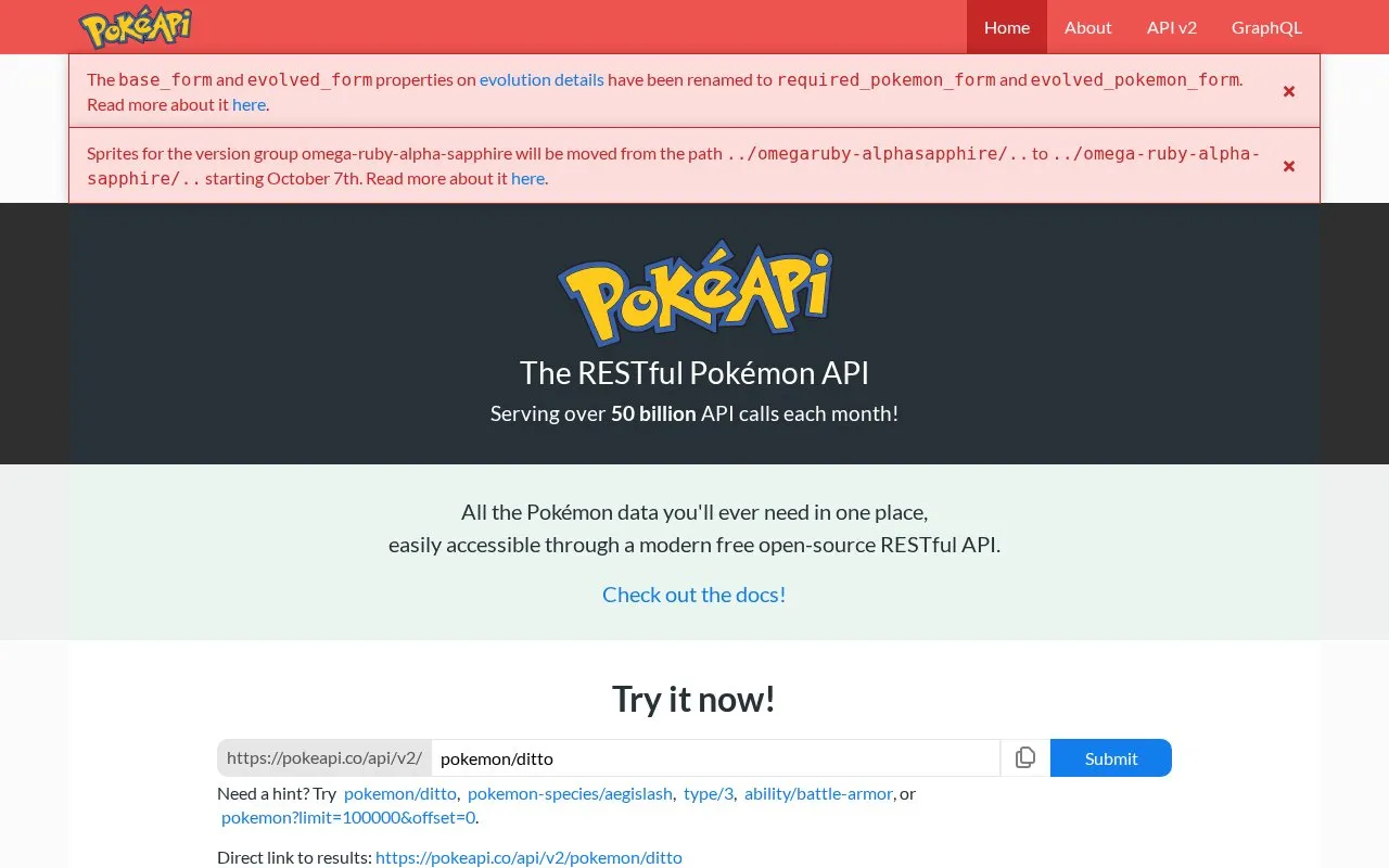 PokeAPI homepage screenshot