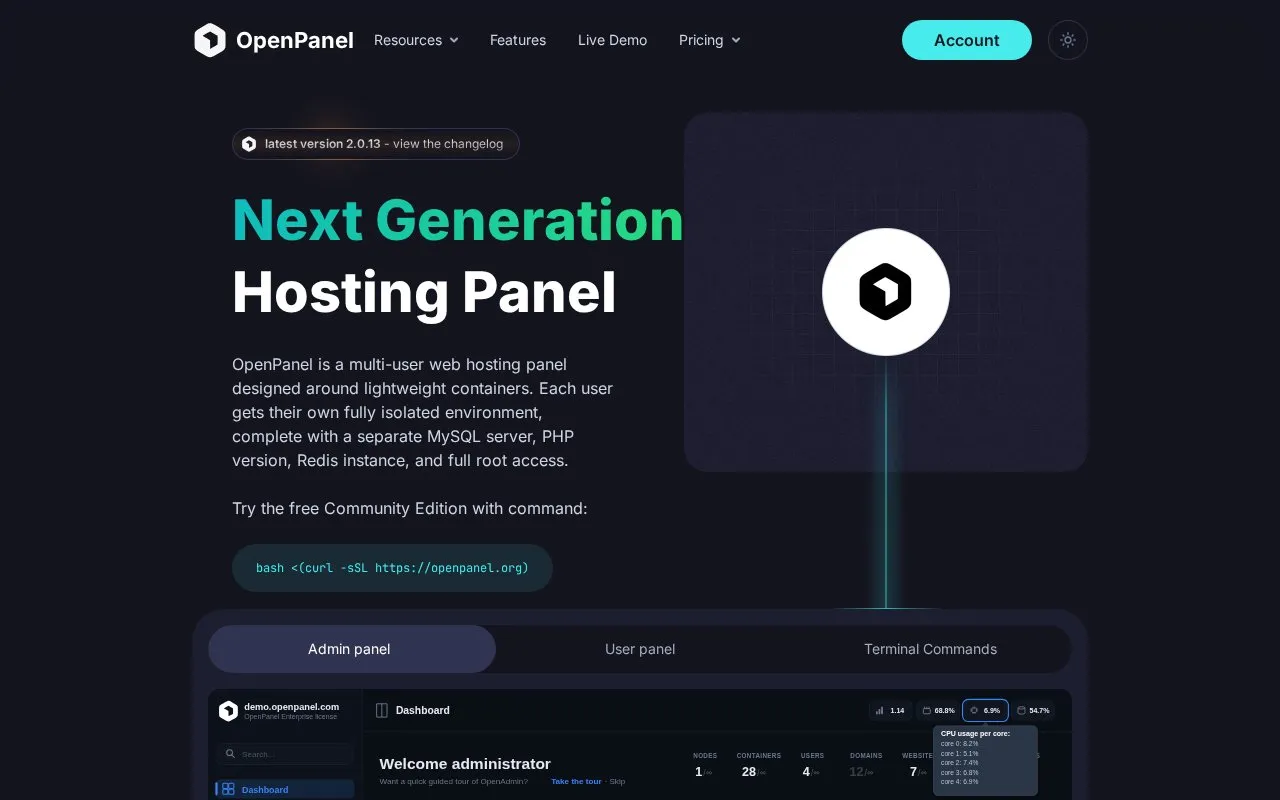 OpenPanel homepage screenshot