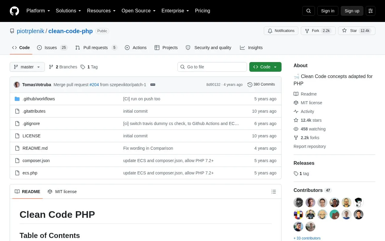 Clean Code PHP homepage screenshot