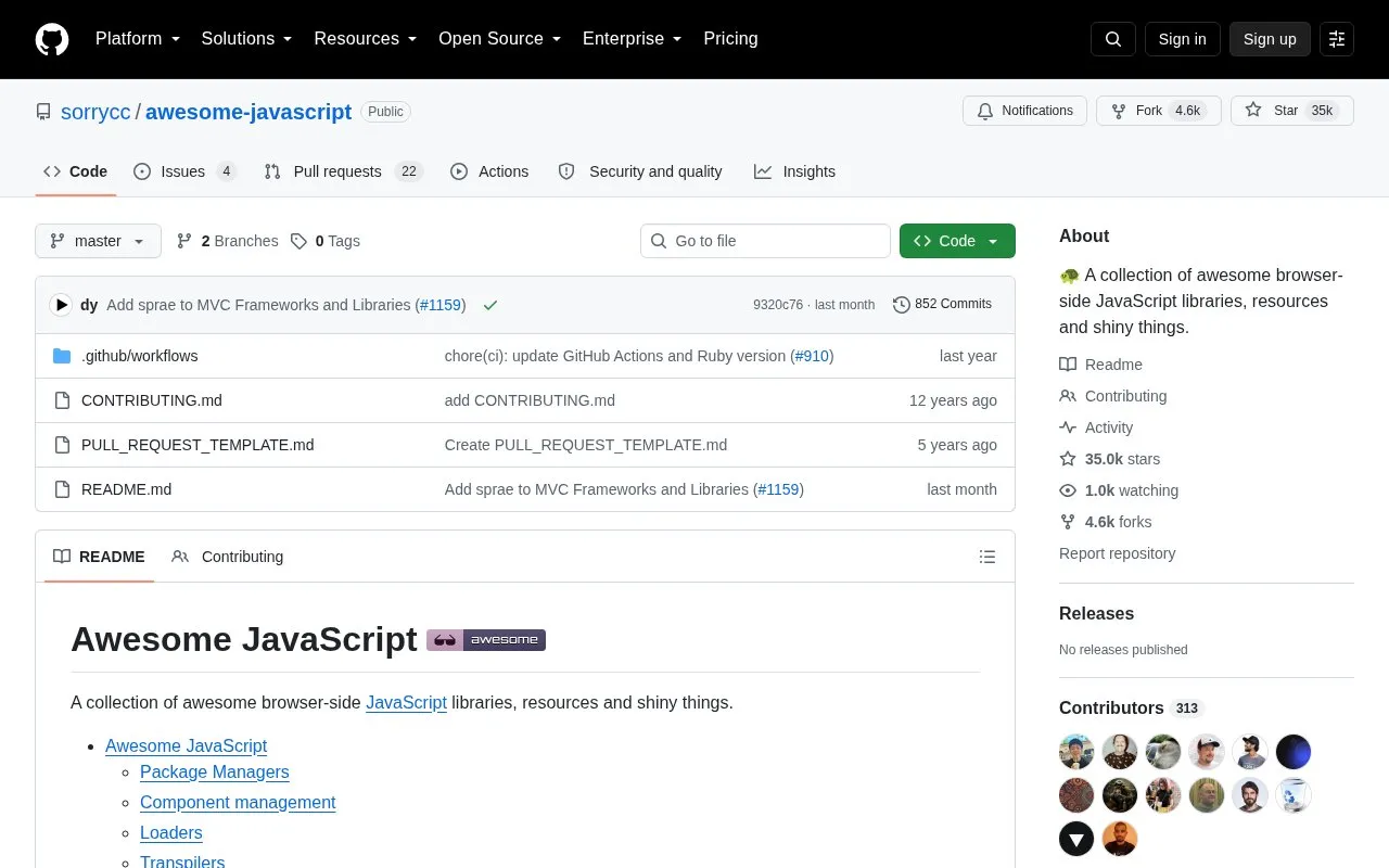 Awesome JavaScript homepage screenshot