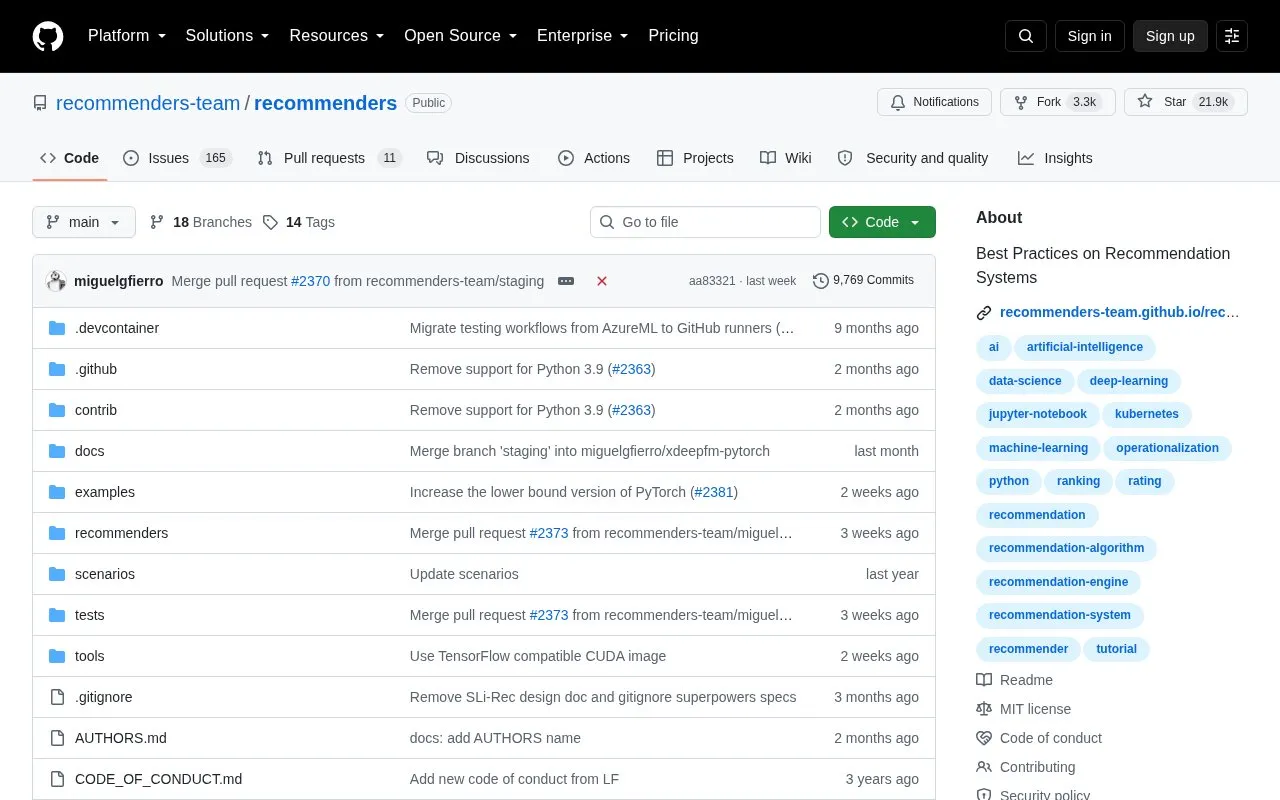 Microsoft Recommenders homepage screenshot