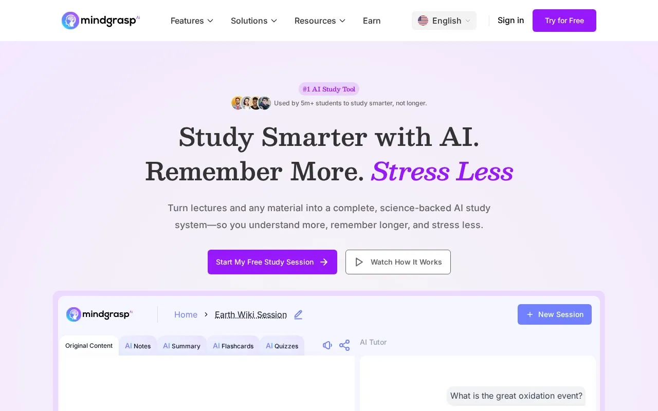 Mindgrasp homepage screenshot