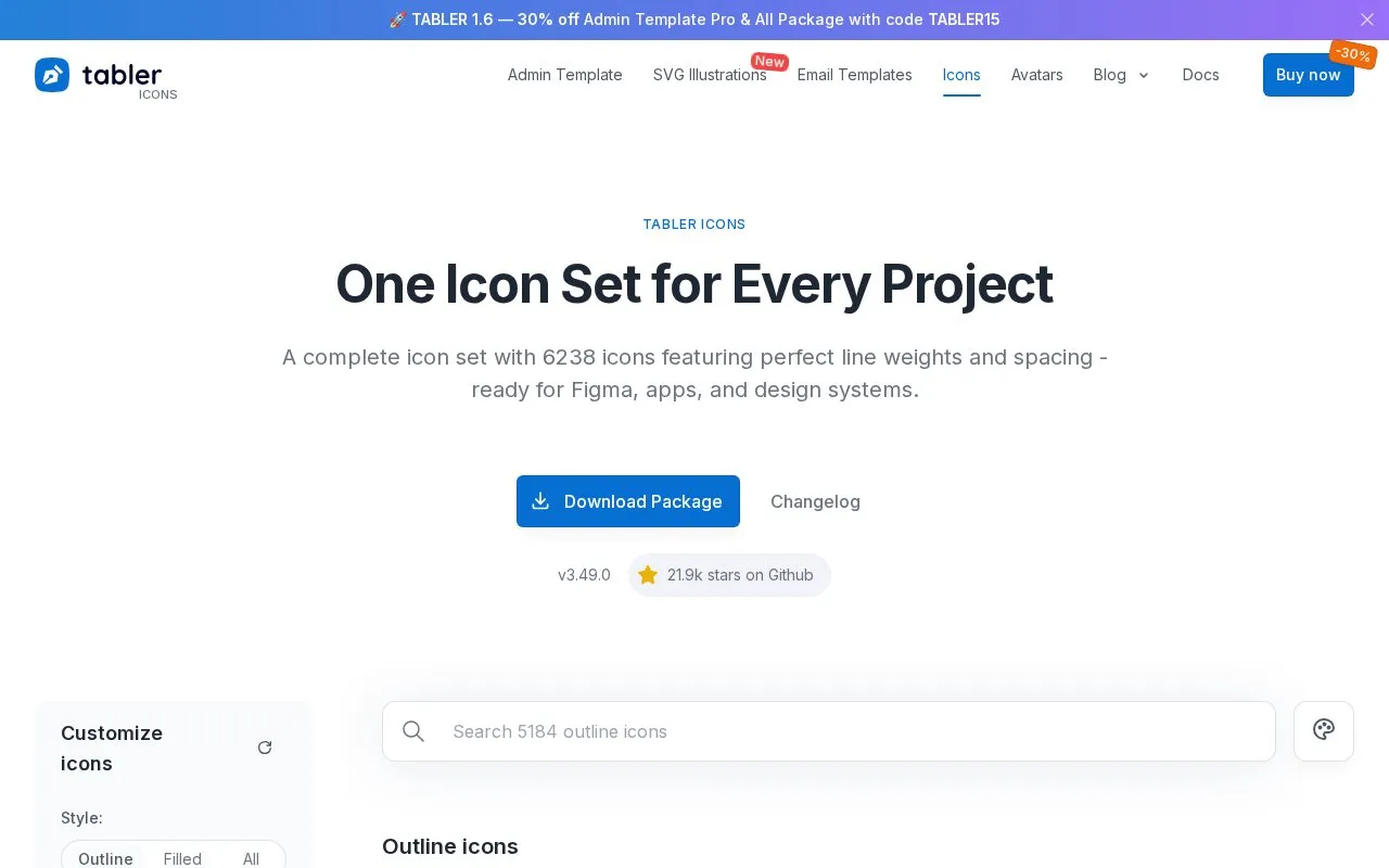 Tabler Icons homepage screenshot