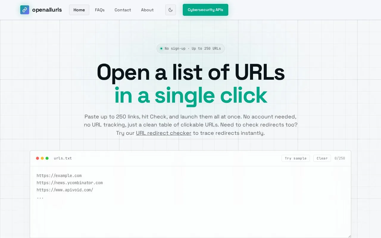 OpenAllURLs homepage screenshot