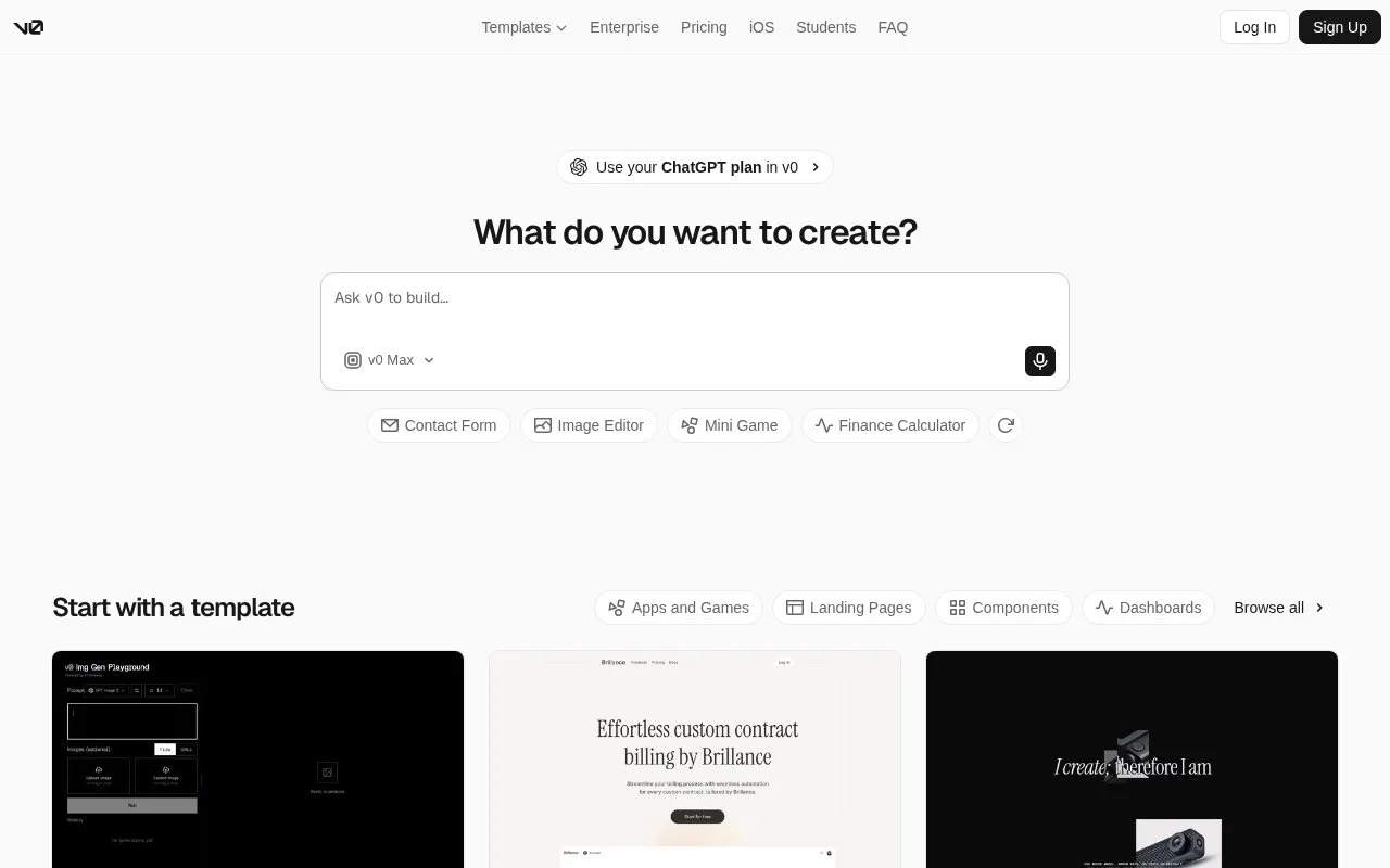 v0 homepage screenshot