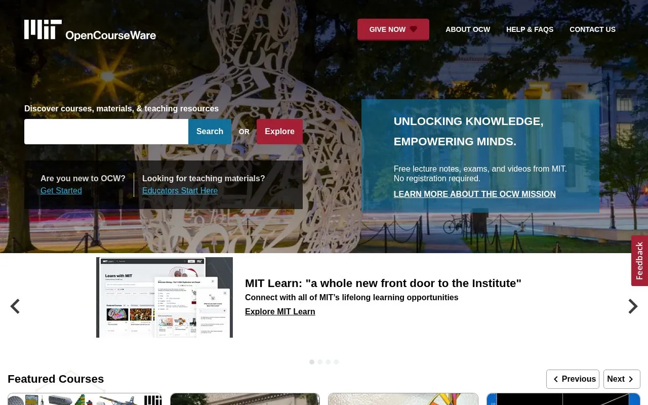 MitOpenCourseWare homepage screenshot
