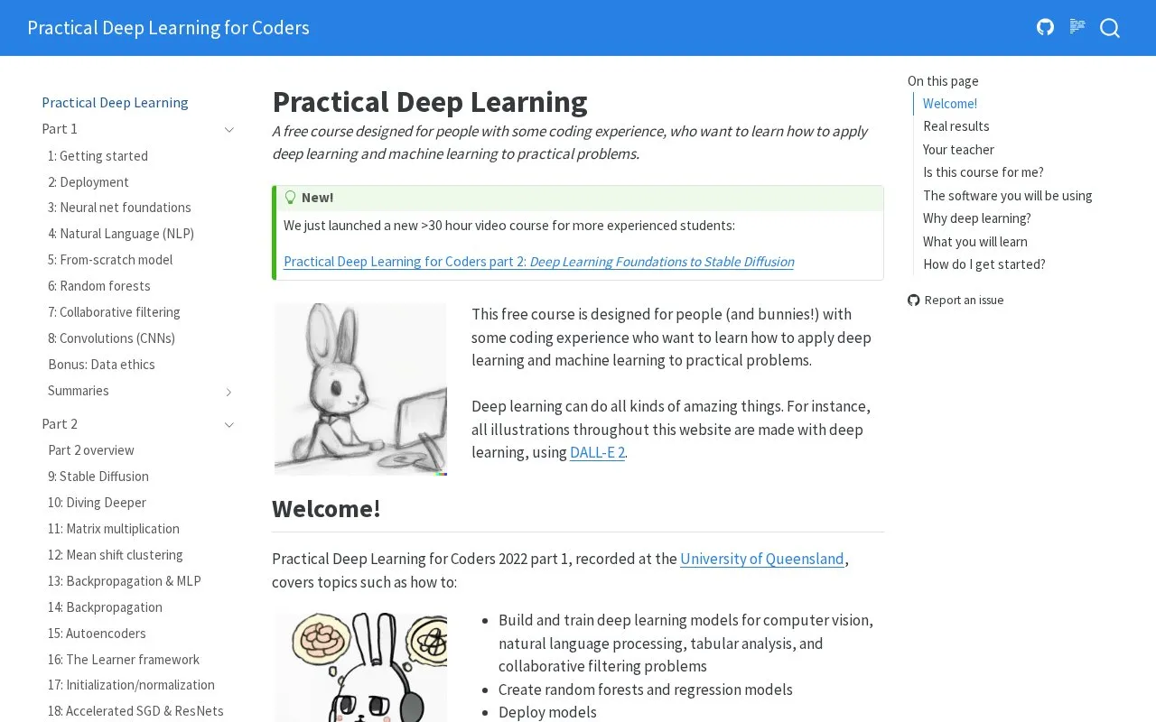 Practical Deep Learning homepage screenshot