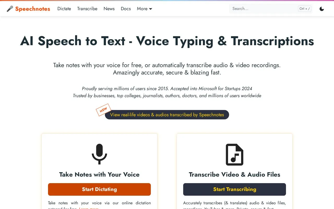 SpeechNotes homepage screenshot