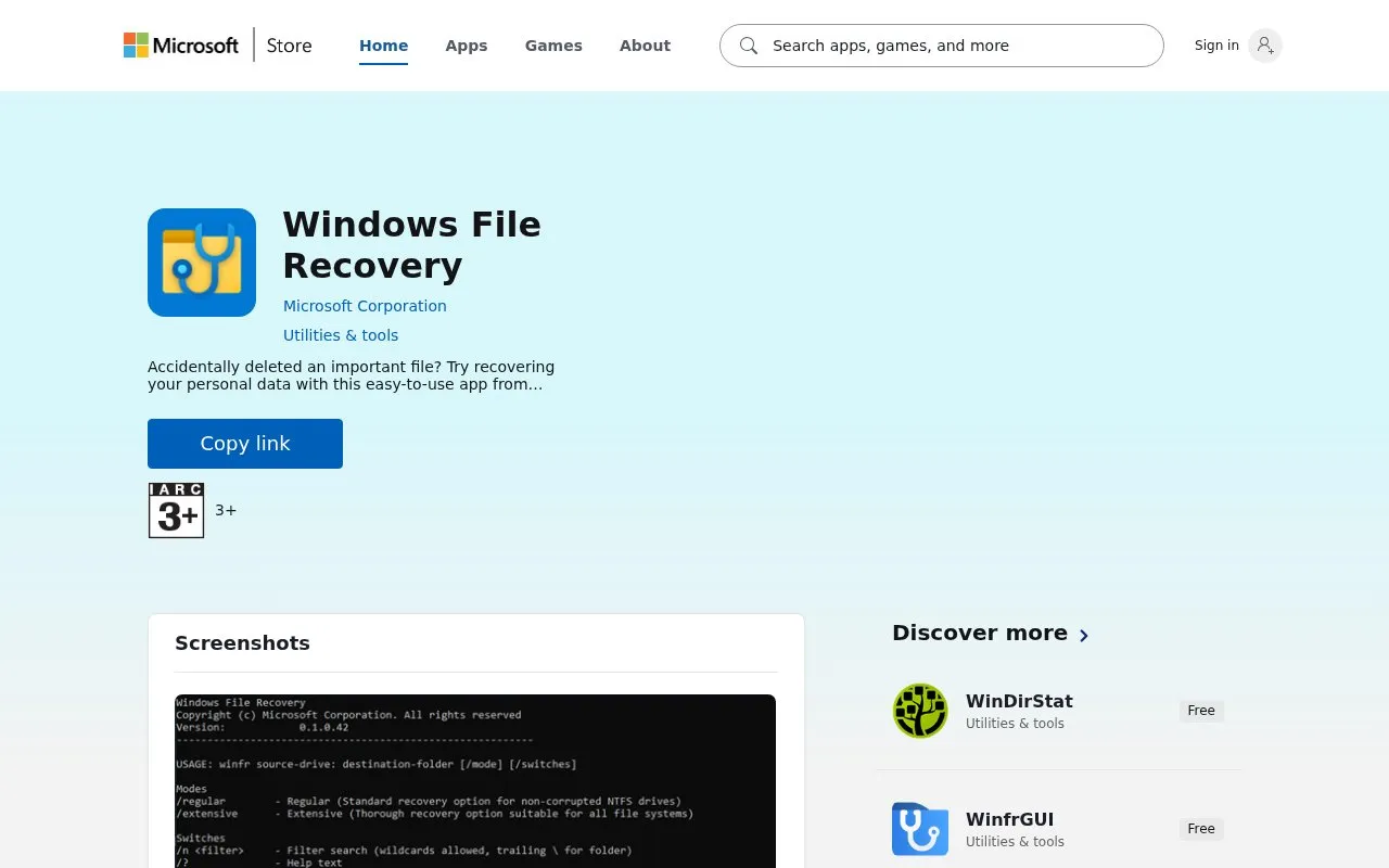 Windows File Recovery homepage screenshot