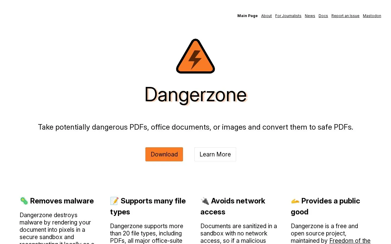Dangerzone homepage screenshot