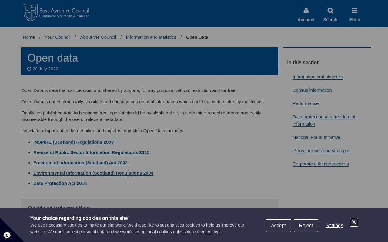 East Ayrshire Open Data Portal homepage screenshot