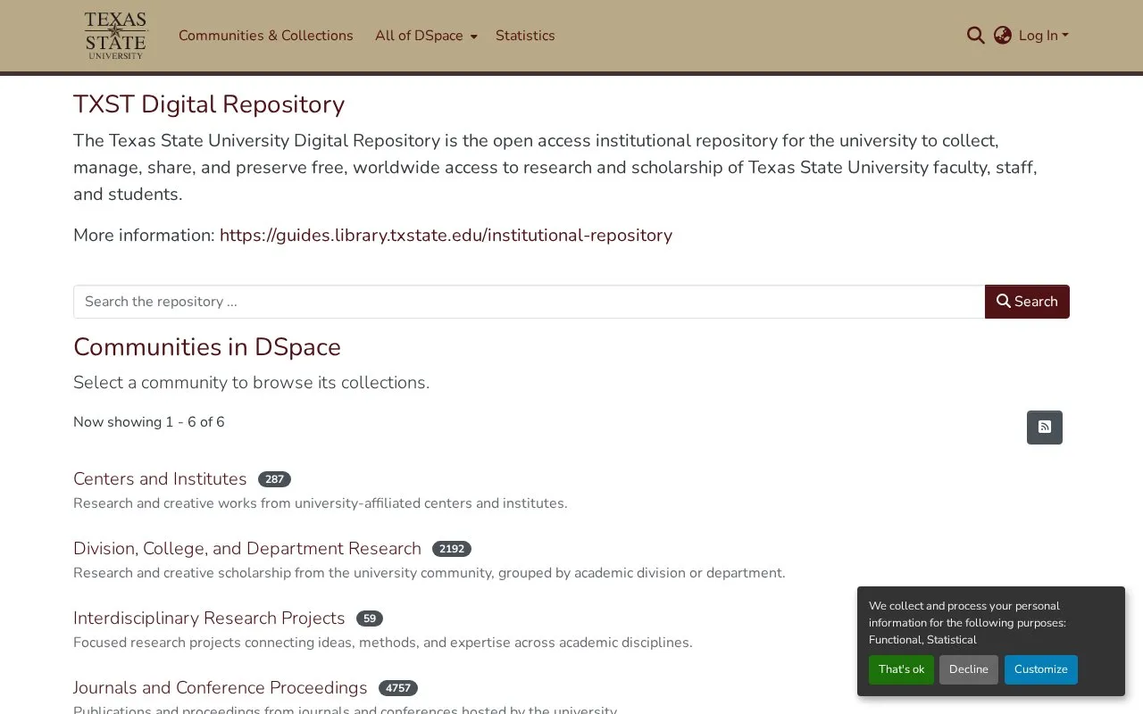 Texas State University Digital Collections Repository homepage screenshot