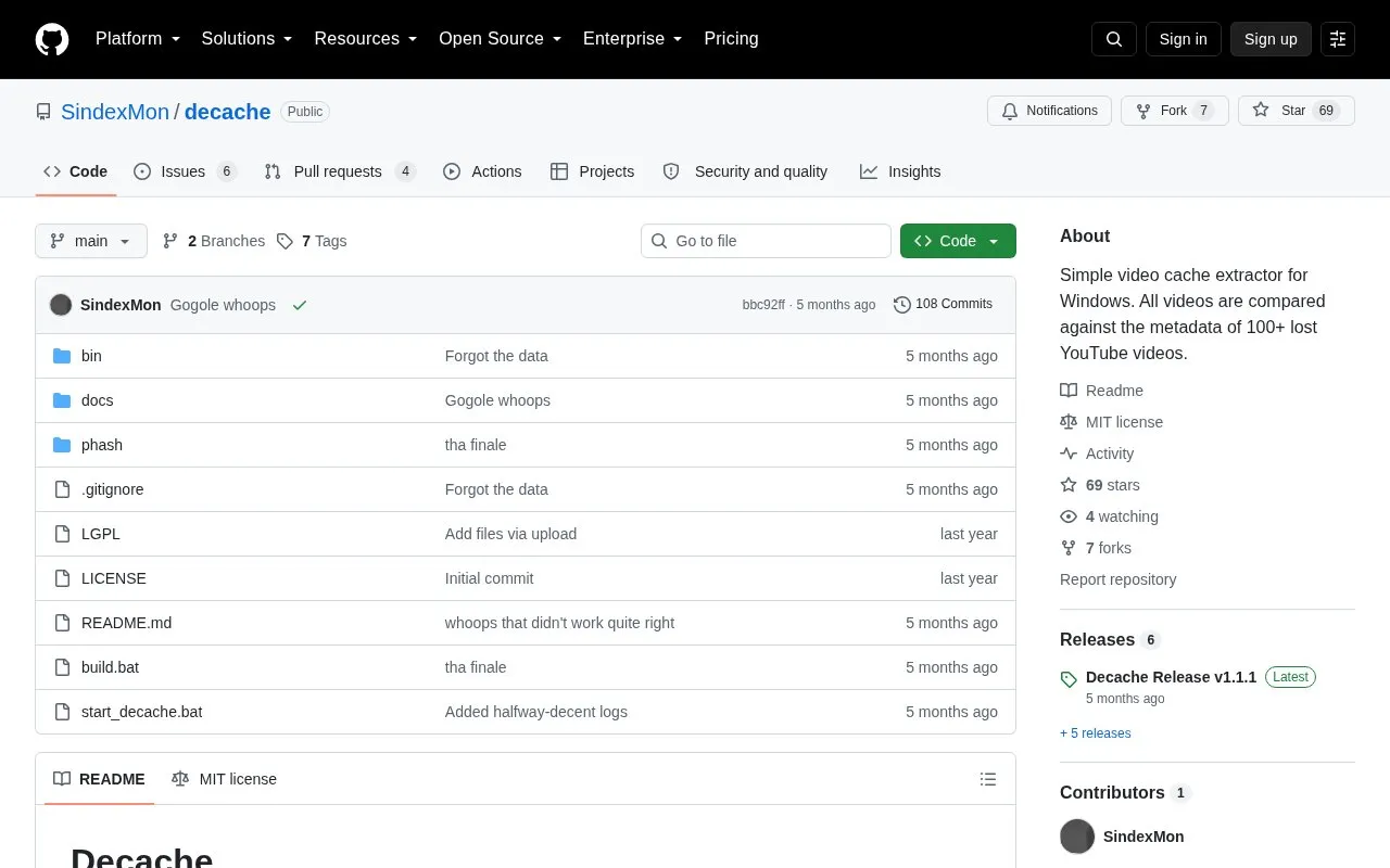 Decache homepage screenshot