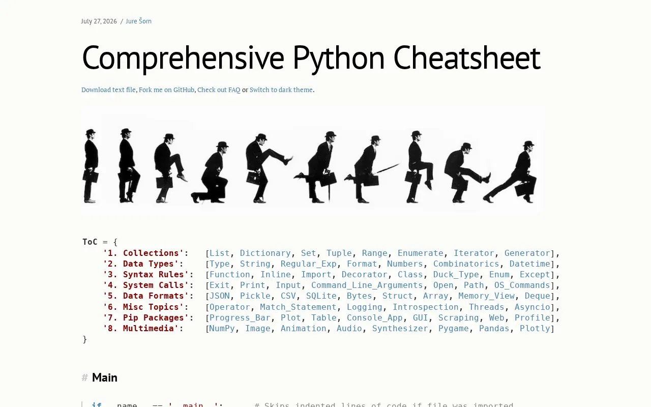 Python Cheatsheet homepage screenshot