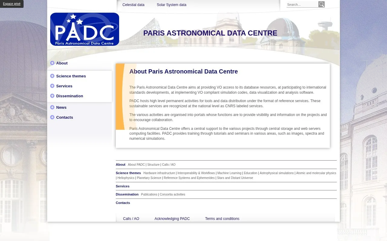Paris Astronomical Data Centre homepage screenshot