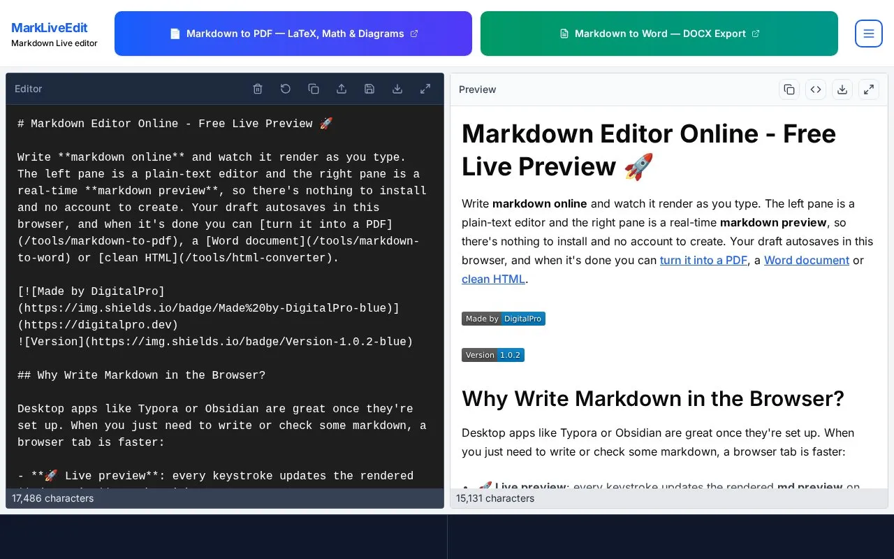 MarkLiveEdit homepage screenshot