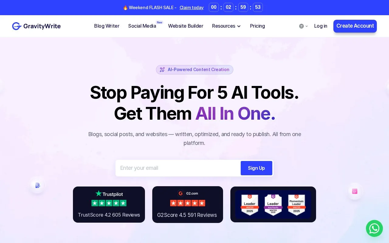 GravityWrite homepage screenshot
