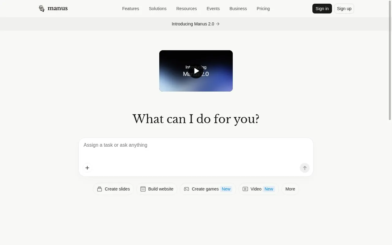 Manus homepage screenshot