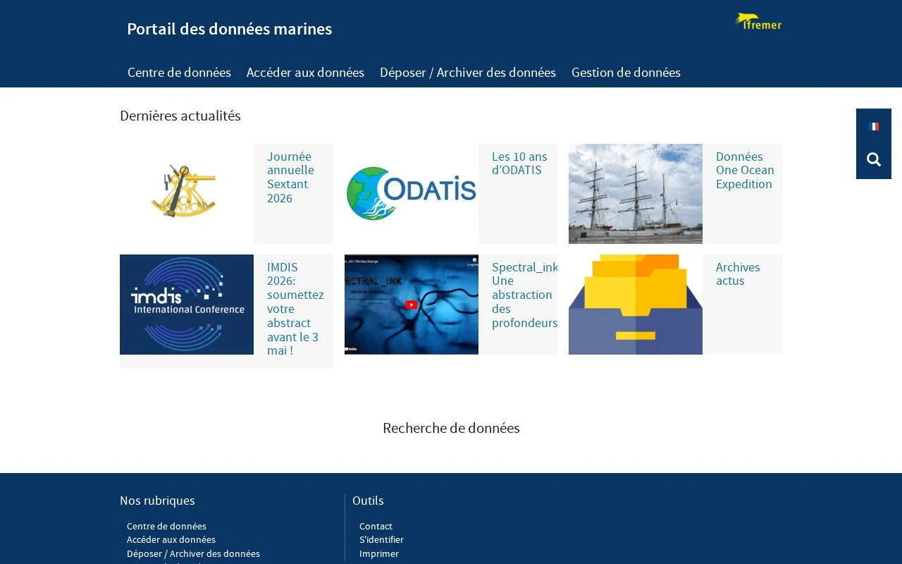 IFREMER-SISMER Portail de données marines homepage screenshot